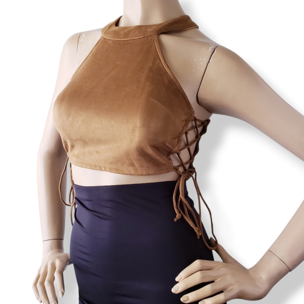 Wildcat Camel Faux Suede Side Lace Up Crop Top Size Small